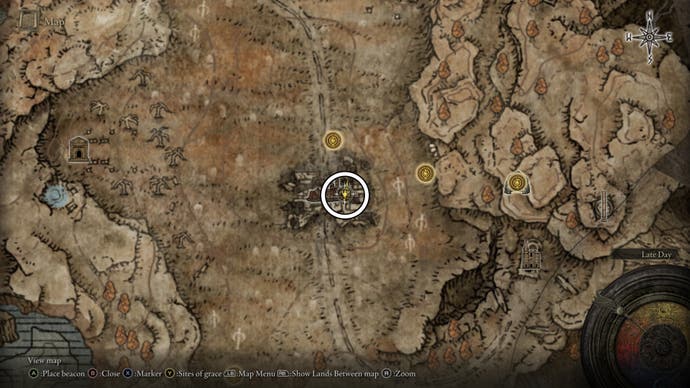 A map screen from Shadow of the Erdtree showing the location of the Greater Potentate's Cookbook (1)