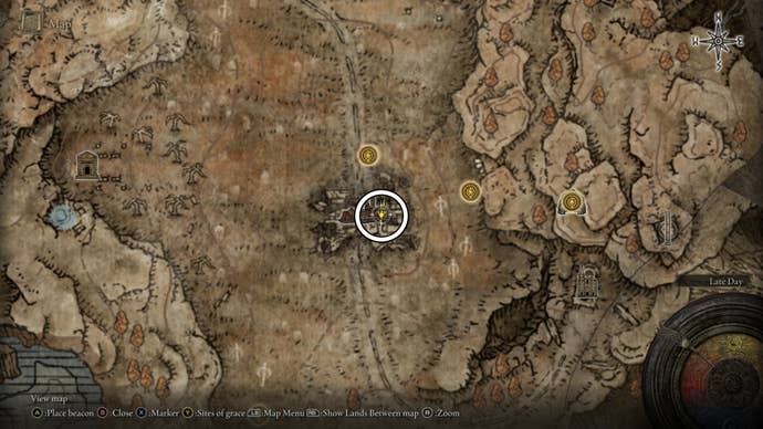 A map screen from Shadow of the Erdtree showing the location of the Greater Potentate’s Cookbook (1)