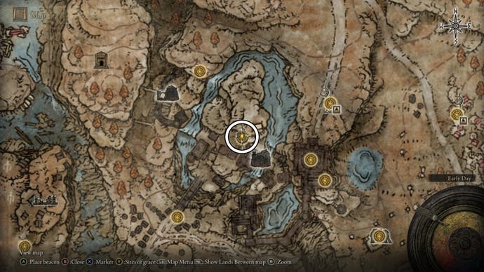 A map screen in Shadow of the Erdtree showing the location of the Loyal Knight's Cookbook (1)