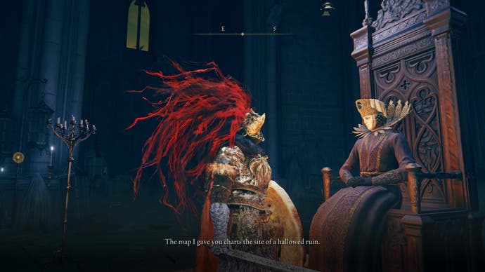 A warrior speaks with Count Ymir about the Ruins Map in Elden Ring Shadow of the Erdtree.