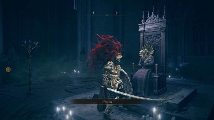 A warrior approaches Count Ymir, who is holding a Fingercreeper enemy in Elden Ring Shadow of the Erdtree.