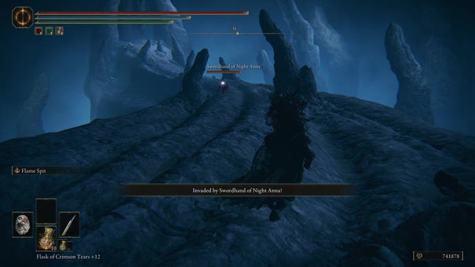 A warrior is invaded by the NPC Swordhand of the Night Anna in Elden Ring Shadow of the Erdtree.