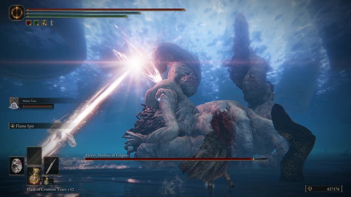 A warrior fights the Remembrance boss Metyr, Mother of Fingers, who unleashes a bright beam of light in a ghostly Mimic Tear in Elden Ring Shadow of the Erdtree.