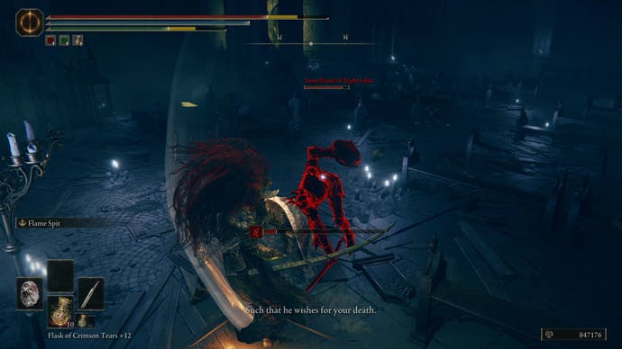 A warrior fights Swordhand of the Night Jolan in Elden Ring Shadow of the Erdtree.