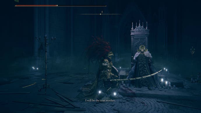 A warrior stands next to Count Ymir in his final boss form in Elden Ring Shadow of the Erdtree.