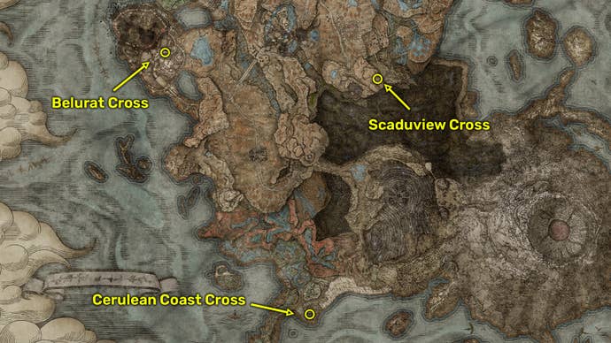 Elden Ring: Shadow Of The Erdtree image showing three Cross map locations.