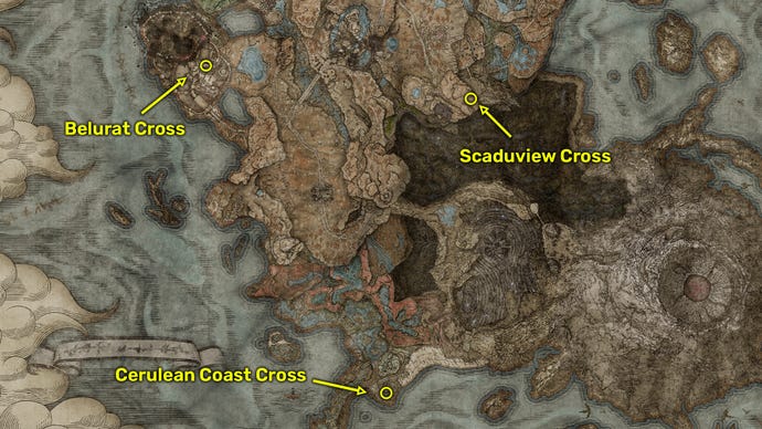 Elden Ring: Shadow Of The Erdtree image showing three Cross map locations.