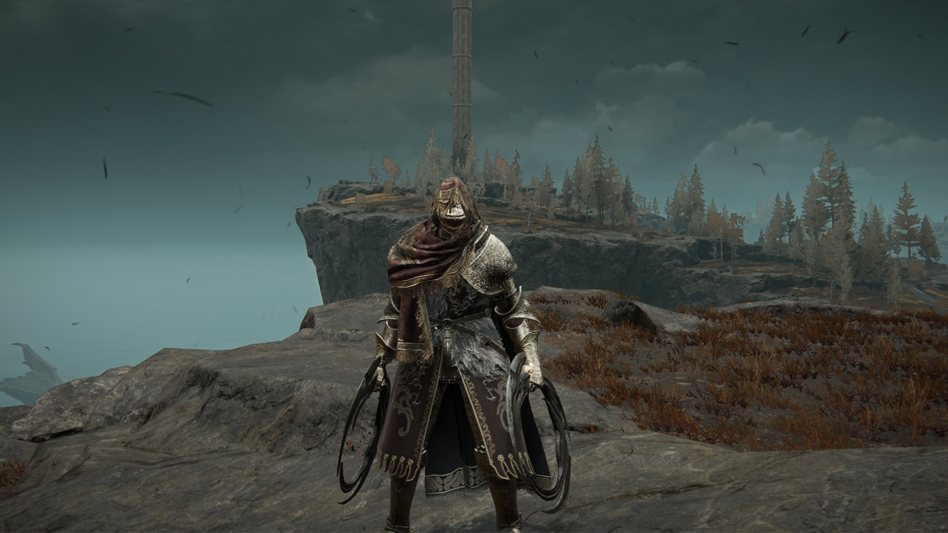 Elden Ring: Shadow of the Erdtree image of the Tarnished wielding the Curseblade Cirque near the Fort of Reprimand cliff edge. - 1