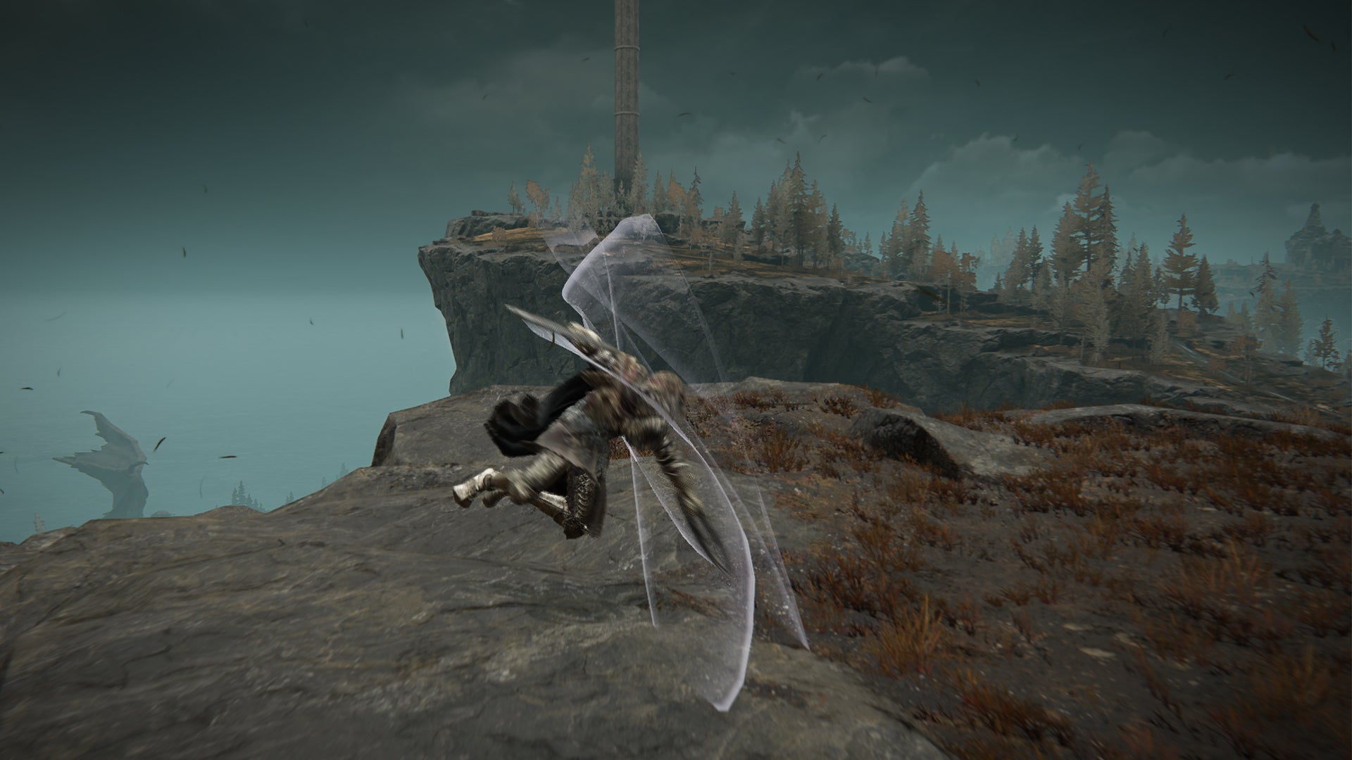 Elden Ring: Shadow of the Erdtree image of the Tarnished wielding the Curseblade Cirque and performing a mid-air attack with it. - 5