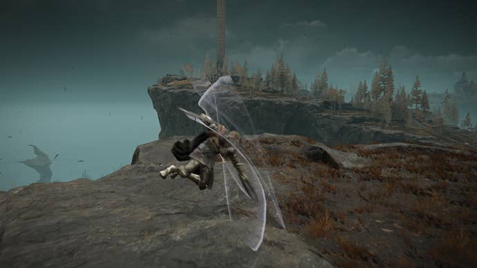 Elden Ring: Shadow of the Erdtree image of the Tarnished wielding the Curseblade Cirque and performing a mid-air attack with it.