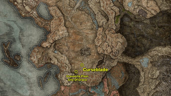 Elden Ring: Shadow of the Erdtree map image of a prime location to farm Curseblade enemies for the Curseblade Cirque weapon.