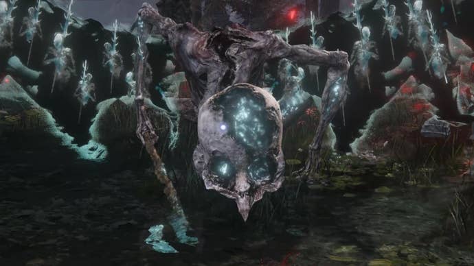 The Death Rite Bird boss in Charo’s Hidden Grave from Elden Ring Shadow of the Erdtree.