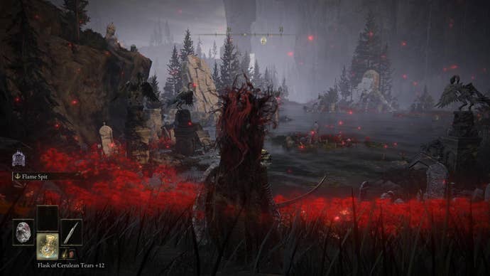 A warrior approaches the boss arena for the Death Rite Bird in Charo’s Hidden Grave in Elden Ring Shadow of the Erdtree.