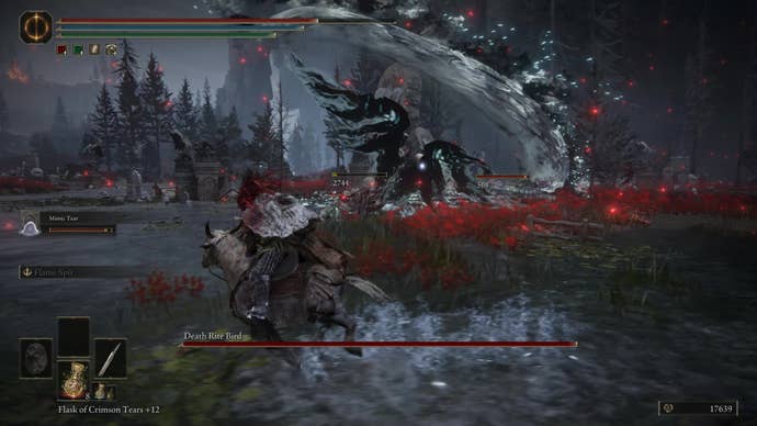 A warrior faces the Death Rite Bird in Charo’s Hidden Grave in Elden Ring Shadow of the Erdtree on horseback as the boss swipes their spear through the air.