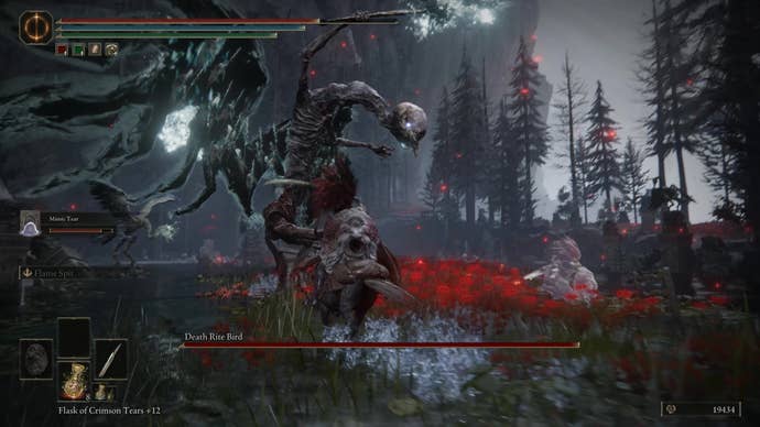 A warrior faces the Death Rite Bird in Charo’s Hidden Grave in Elden Ring Shadow of the Erdtree