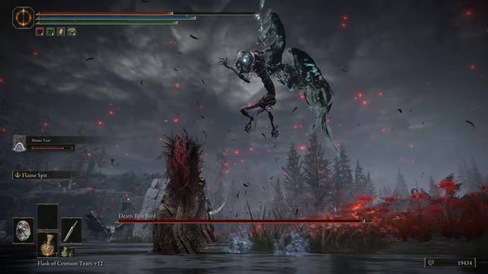 A warrior faces the Death Rite Bird in Charo’s Hidden Grave in Elden Ring Shadow of the Erdtree, who is leaping through the air about to attack.