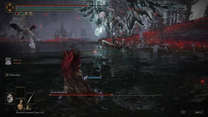 A warrior faces the Death Rite Bird in Charo’s Hidden Grave in Elden Ring Shadow of the Erdtree from a distance.