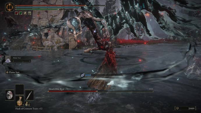 A warrior faces the Death Rite Bird in Charo’s Hidden Grave in Elden Ring Shadow of the Erdtree, dodging through their spear swipe.