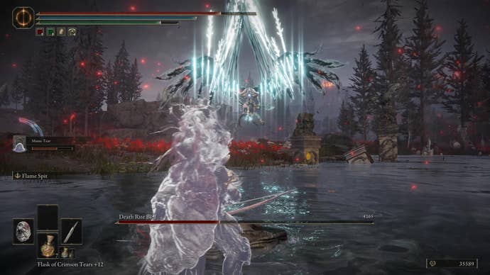 A warrior faces the Death Rite Bird in Charo’s Hidden Grave in Elden Ring Shadow of the Erdtree, and braces for a frostbite wing attack.