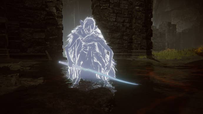 A close-up of the Demi-Human Swordsman Yosh Spirit Ash in Elden Ring: Shadow Of The Erdtree.