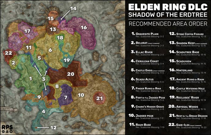 A full map of the Realm Of Shadow in Elden Ring: Shadow Of The Erdtree DLC, with each area colour-coded and numbered based on a recommended area order through which to traverse the map. On the right-hand side is a key which shows the names of all the numbered regions.