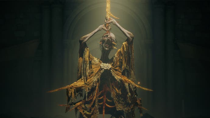 Official Elden Ring Shadow of the Erdtree art showing a skeletal figure in tattered robes, surrounded by darkness, pulling a golden spear up and out of its eye