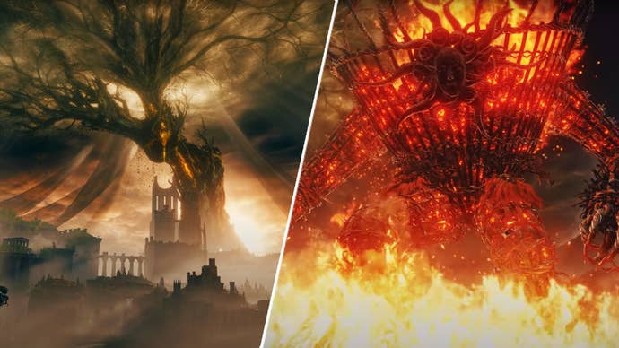 The erdtree and a boss in Elden Ring’s Shadow of the Erdtree DLC.