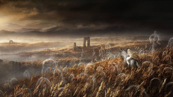 The main art for Elden Ring: Shadow of the Erdtree features a figure with long blond hair riding a horse-like creature in a wheat field dotted with ghostly graves.