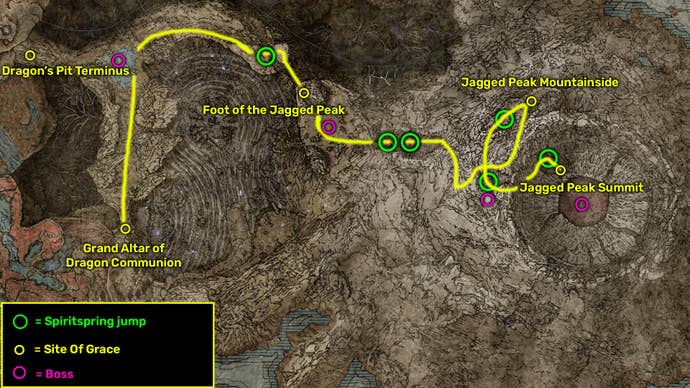 Elden Ring: Shadow Of The Erdtree map image showing the route you can take from the Grand Altar of Dragon Communion to the top of the Jagged Peak.