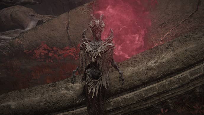 Elden Ring: Shadow Of The Erdtree screenshot of the Dragon Communion Priestess NPC standing in front of the Grand Altar of Dragon Communion.