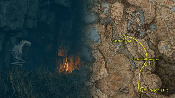 Outside view (left) and map image (right) of the Dragon’s Pit location in Elden Ring: Shadow Of The Erdtree.