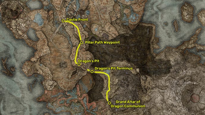Elden Ring: Shadow Of The Erdtree map image showing the route from the Castle Front to the Dragon's Pit and the Grand Altar of Dragon Communion.