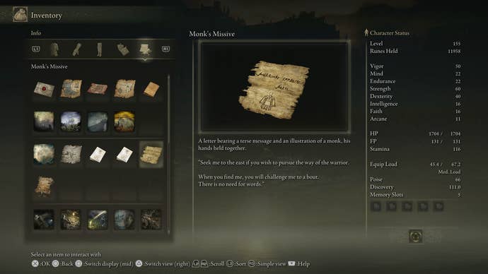 An inventory screen showing a note from Dryleaf Dane in Elden Ring Shadow of the Erdtree.