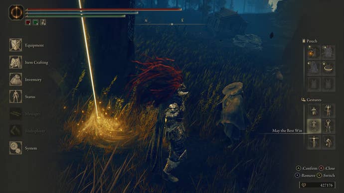 A warrior uses the May the Best Win gesture in front of Dryleaf Dane in Elden Ring Shadow of the Erdtree.