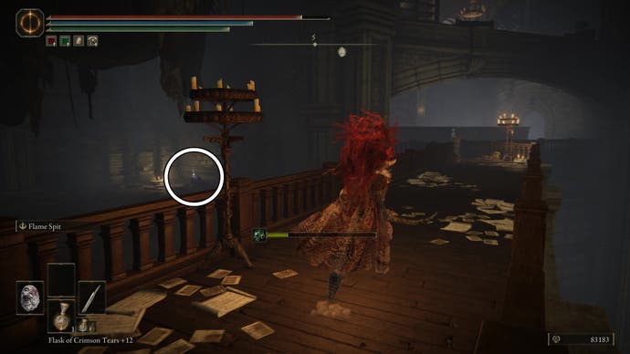 A warrior crosses a wooden walkway, with a corpse to the side in an alcove marked by a white circle that contains the dueling shield in Elden Ring Shadow of the Erdtree.