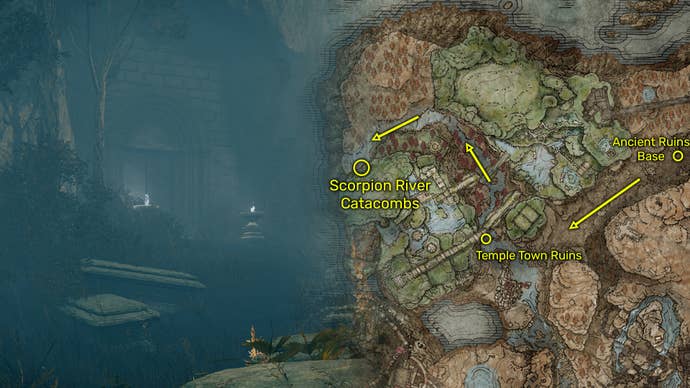Outside view (left) and map image (right) of the Scorpion River Catacombs location in Elden Ring: Shadow Of The Erdtree.