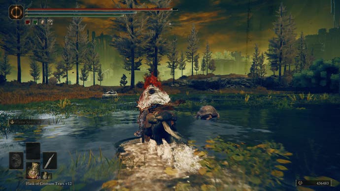 A warrior rides towards a coffin in the middle of a lake where you can duplicate boss remembrances in Elden Ring Shadow of the Erdtree.