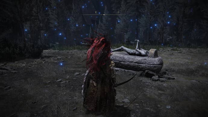 A warrior stands in front of a stone coffin where you can duplicate remembrances in Elden Ring Shadow of the Erdtree’s Finger Ruins of Rhia.