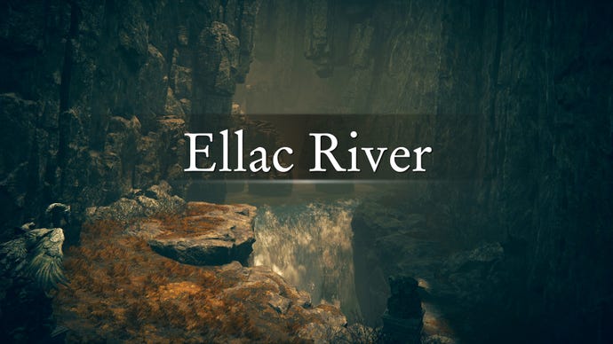 An establishing shot of the region of Ellac River in Elden Ring: Shadow Of The Erdtree, with the region's name emblazoned across the screenshot.