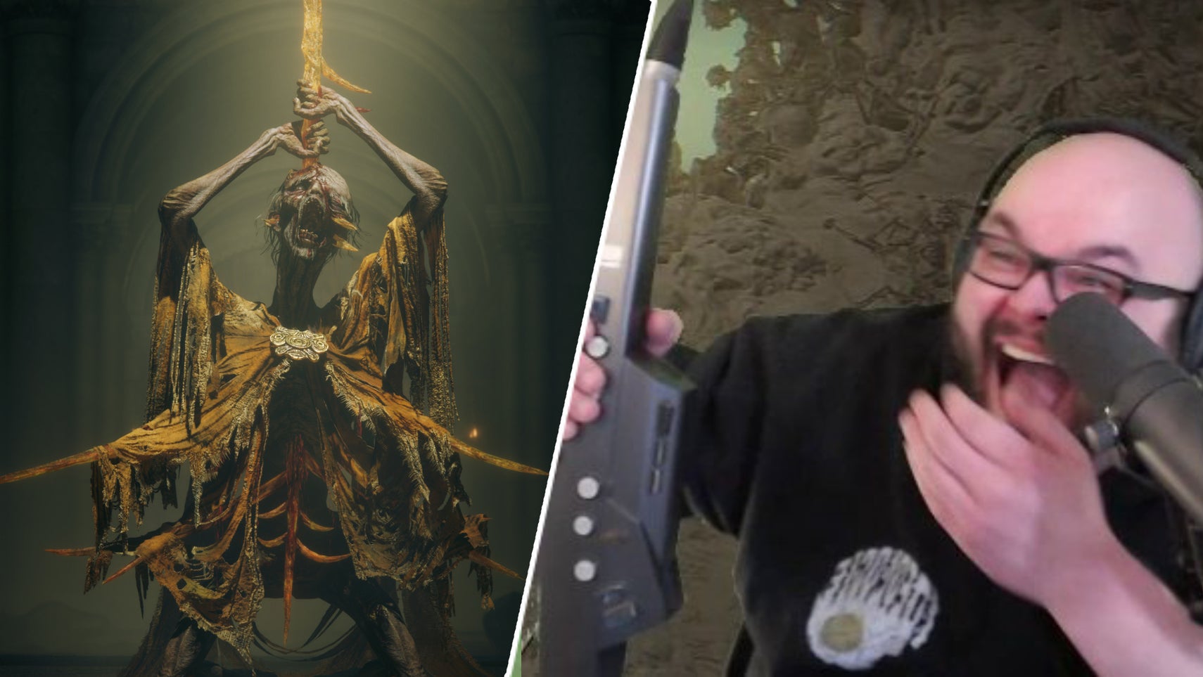 A character in Elden Ring next to streamer DrDecomposing with their saxophone. - 1