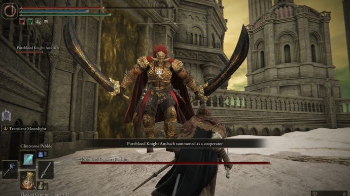 Elden Ring: Shadow Of The Erdtree captura de pantalla de los Tarnished en la batalla contra Promised Consort Radahn y pidiendo ayuda a Ansbach.