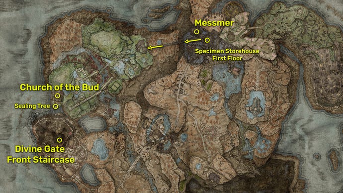 Captura de pantalla del mapa de Elden Ring: Shadow Of The Erdtree de la ruta a seguir para llegar a Enir-Ilim y al jefe final del DLC.