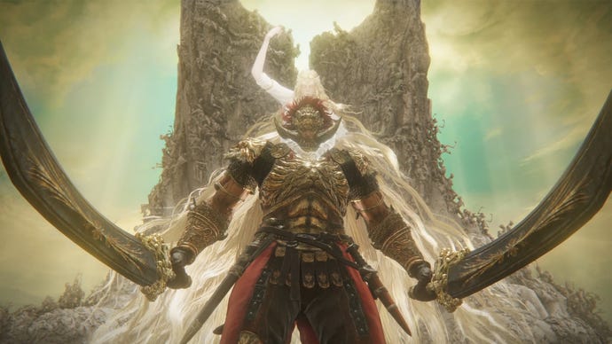 Captura de pantalla de la escena de Elden Ring: Shadow Of The Erdtree de Tarnished frente a la consorte prometida Radahn y Miquella.