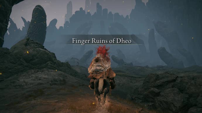 A warrior rides into the Finger Ruins of Dheo in Elden Ring Shadow of the Erdtree.