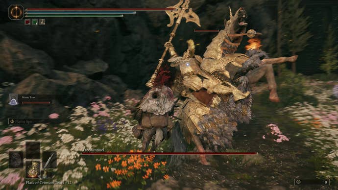 A warrior fights a large Tree Sentinel on horseback on the way to the Finger Ruins of Dheo in Elden Ring Shadow of the Erdtree.