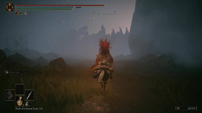 A warrior rides their horse through a foggy landscape on the way to the Finger Ruins of Dheo in Elden Ring Shadow of the Erdtree.