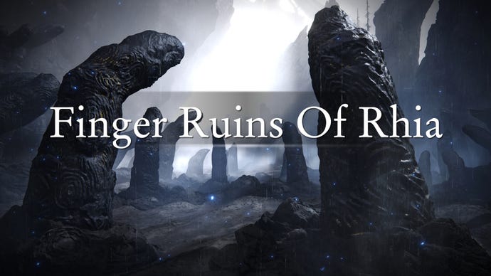 An establishing shot of the region of the Finger Ruins Of Rhia in Elden Ring: Shadow Of The Erdtree, with the region's name emblazoned across the screenshot.