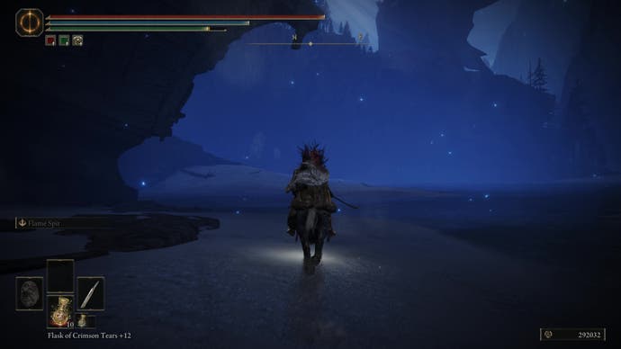 A warrior rides along the shoreline of the Cerulean Coast on the way to the Finger Ruins of Rhia in Elden Ring Shadow of the Erdtree.