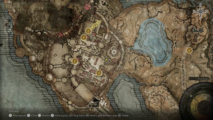 A map screen showing the location of Fire Knight Queelign's first invasion in Elden Ring Shadow of the Erdtree.