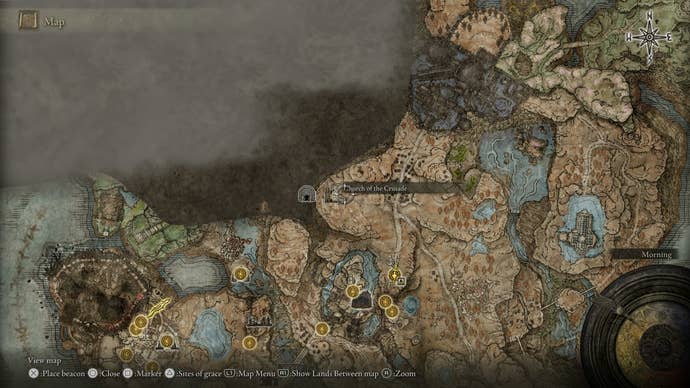 A map screen showing the location of Fire Knight Queelign's second invasion in Elden Ring Shadow of the Erdtree.